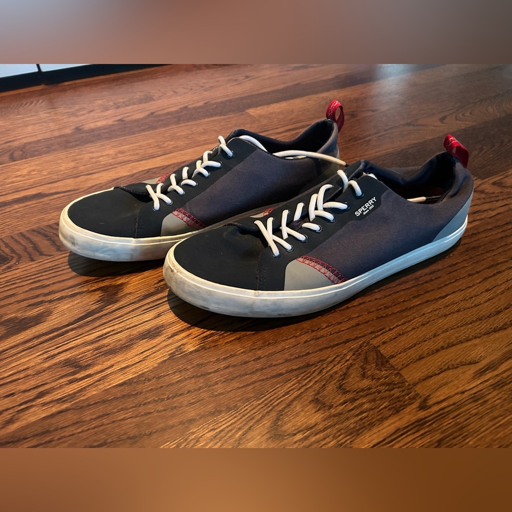 Sperry Navy and Black Low-Top Canvas Boat Sneakers with Red Pull Tab